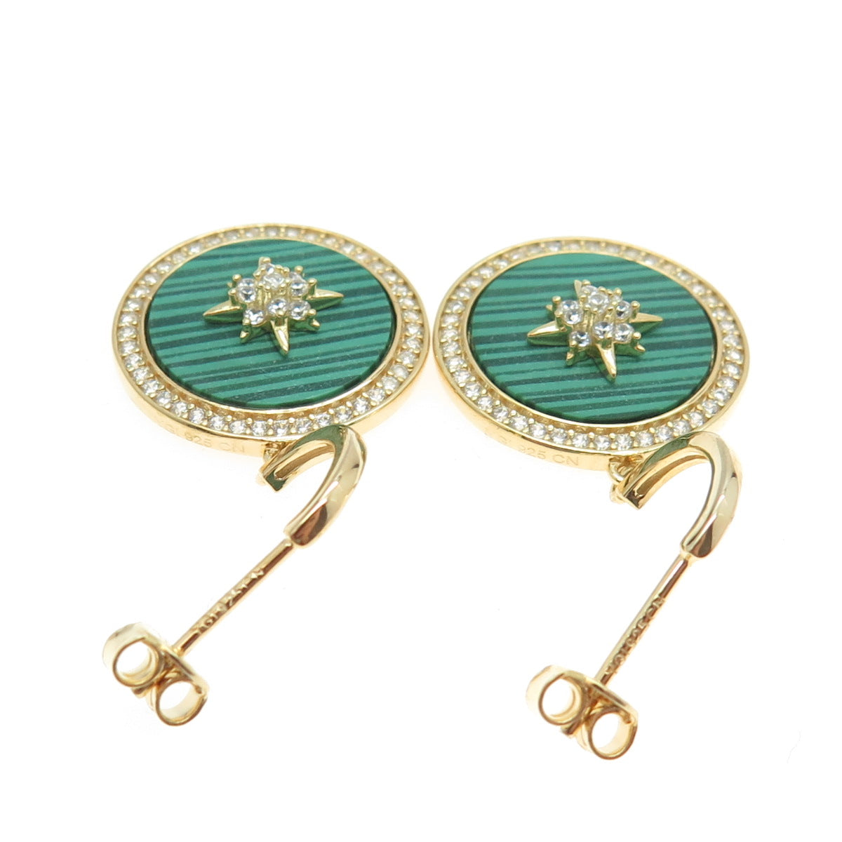 925 Sterling Silver Gold Plated Real Malachite & C Z North Star Earrings