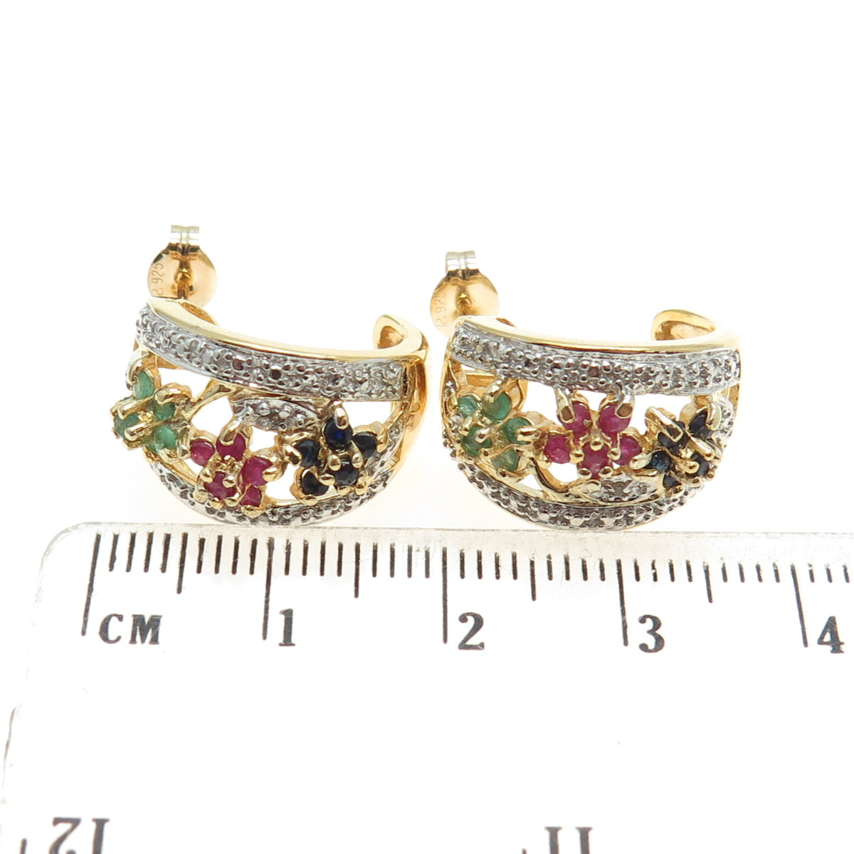 ROSS SIMONS 925 Sterling 2-Tone Diamond Accent Sapphire Ruby Emerald Earrings