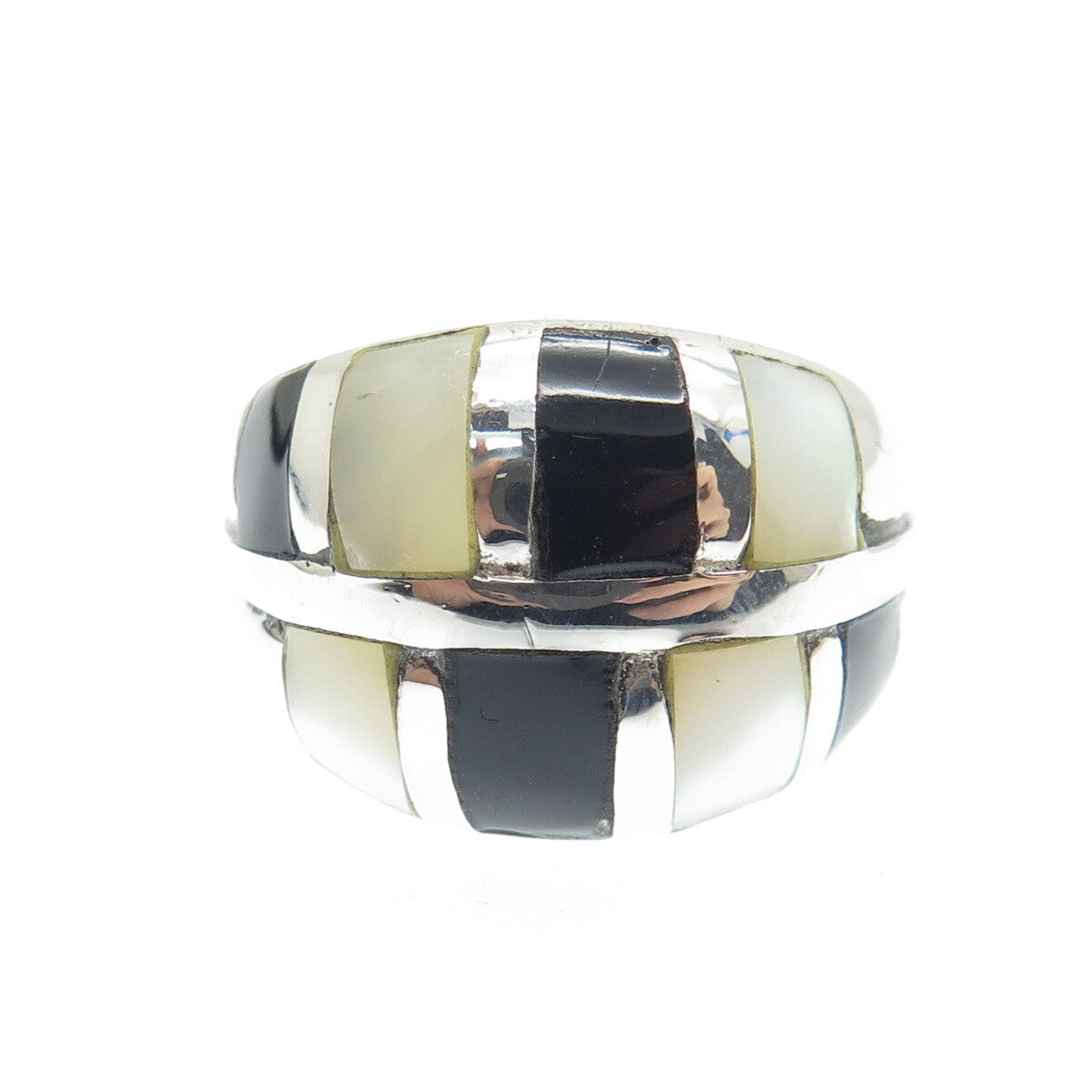 CFJ Collins Fine Jewelry Sterling Silver Vintage Black Onyx & MOP Ring Size 6.25