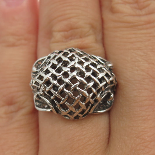 925 Sterling Silver Vintage Modernist Mesh Dome Ring Size 6.25