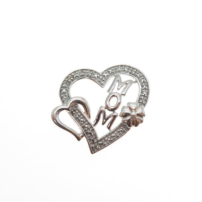 925 Sterling Silver Real Round-Cut Diamond Mom Flower Heart Mini Slide Pendant