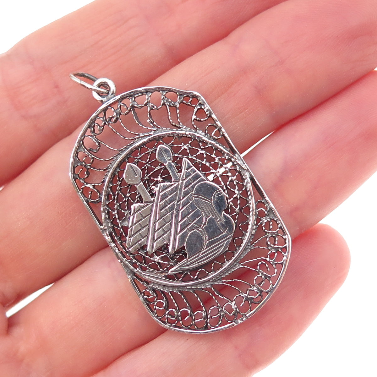 925 Sterling Silver Vintage Egyptian Pharaoh & Pyramid Filigree Oxidized Pendant
