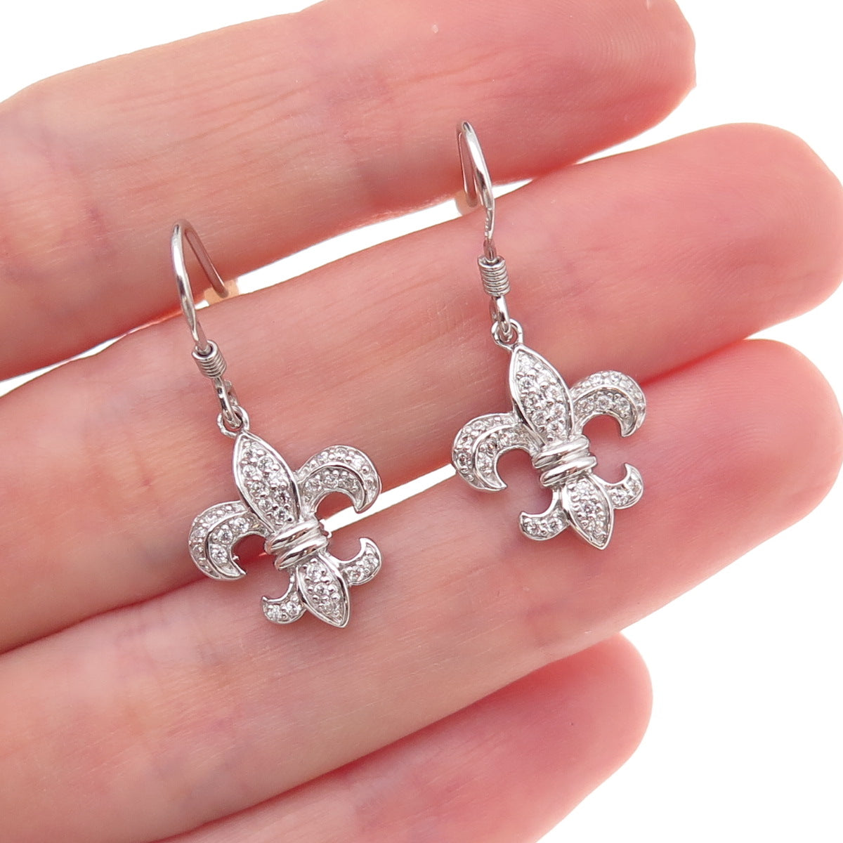 925 Sterling Silver Round-Cut C Z Fleur de Lis Dangle Earrings
