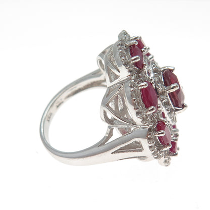 925 Sterling Silver Real Oval-Cut Ruby & Round-Cut White Topaz Ring Size 5.25