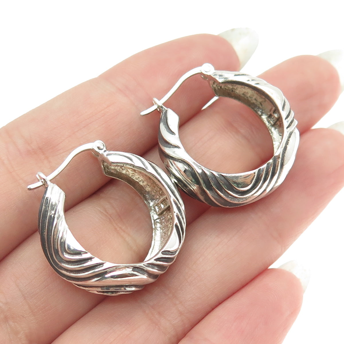 925 Sterling Silver Vintage Wavy Modernist Hoop Earrings