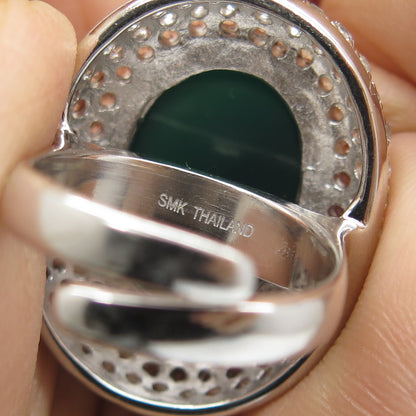 925 Sterling Silver Real Green Onyx & White Topaz Gem Adjustable Ring Size 7.25