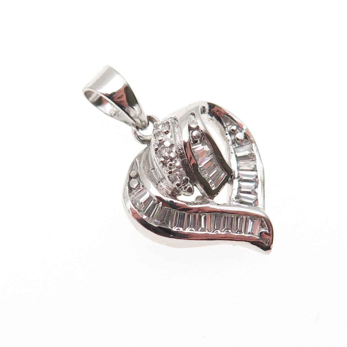 925 Sterling Silver Round & Tapered Baguette-Cut C Z Heart Mini Charm Pendant