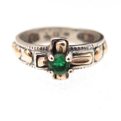 925 Sterling Silver 10K Gold Vintage Real Emerald Cross Oxidized Ring Size 7