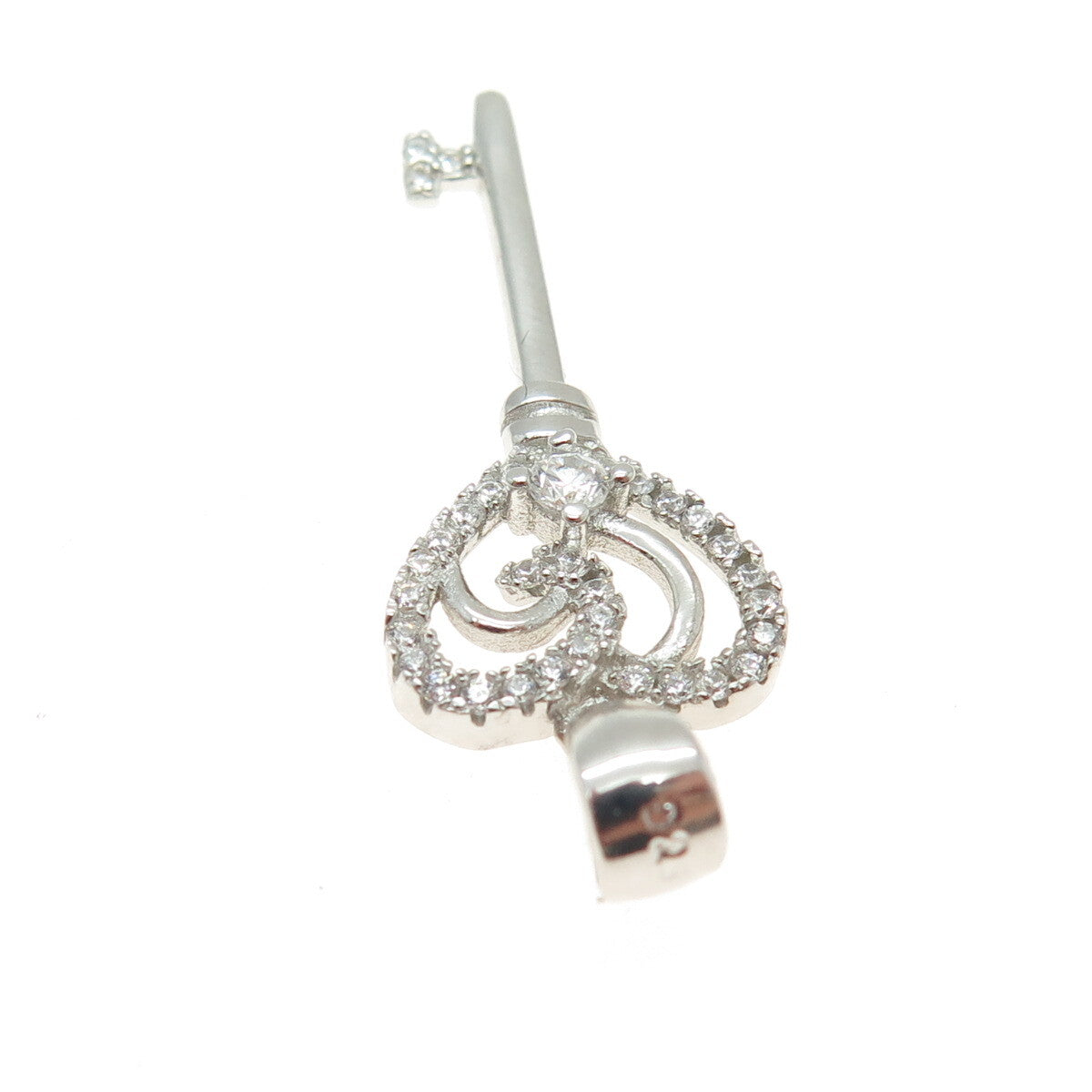 925 Sterling Silver Round-Cut C Z Heart Key Charm Pendant