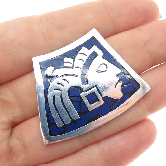 Old Pawn Sterling Silver Vintage Lapis Inlay Warrior Centerpiece Slide Pendant