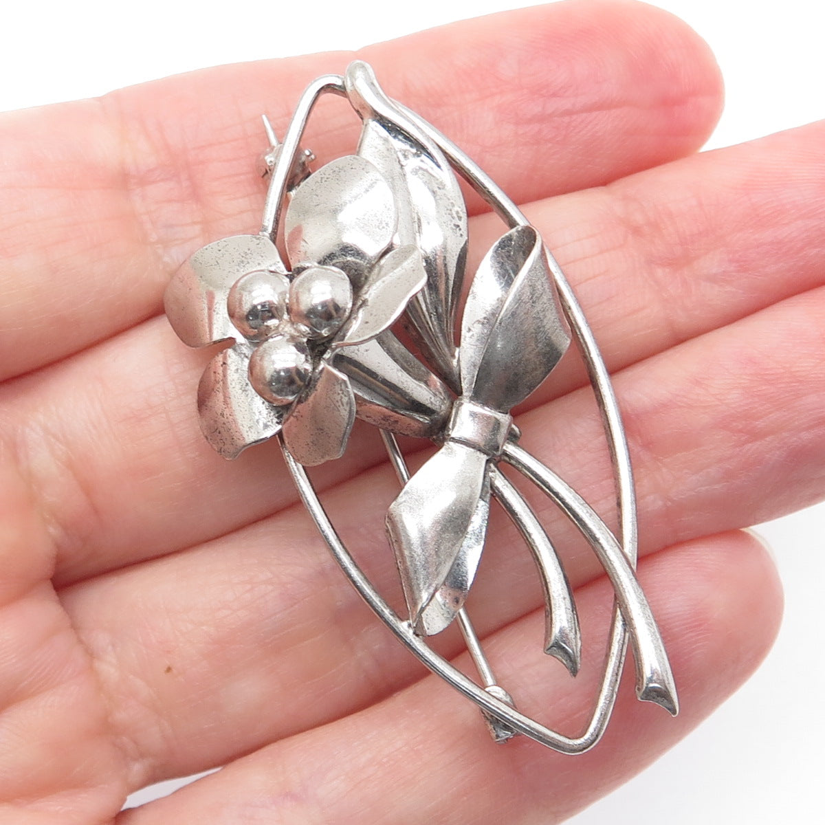 CARL ART 925 Sterling Silver Antique Art Deco Flower Oxidized Pin Brooch