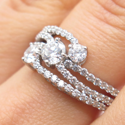 925 Sterling Silver Round-Cut C Z 3-Row Wavy Ring Size 7.25