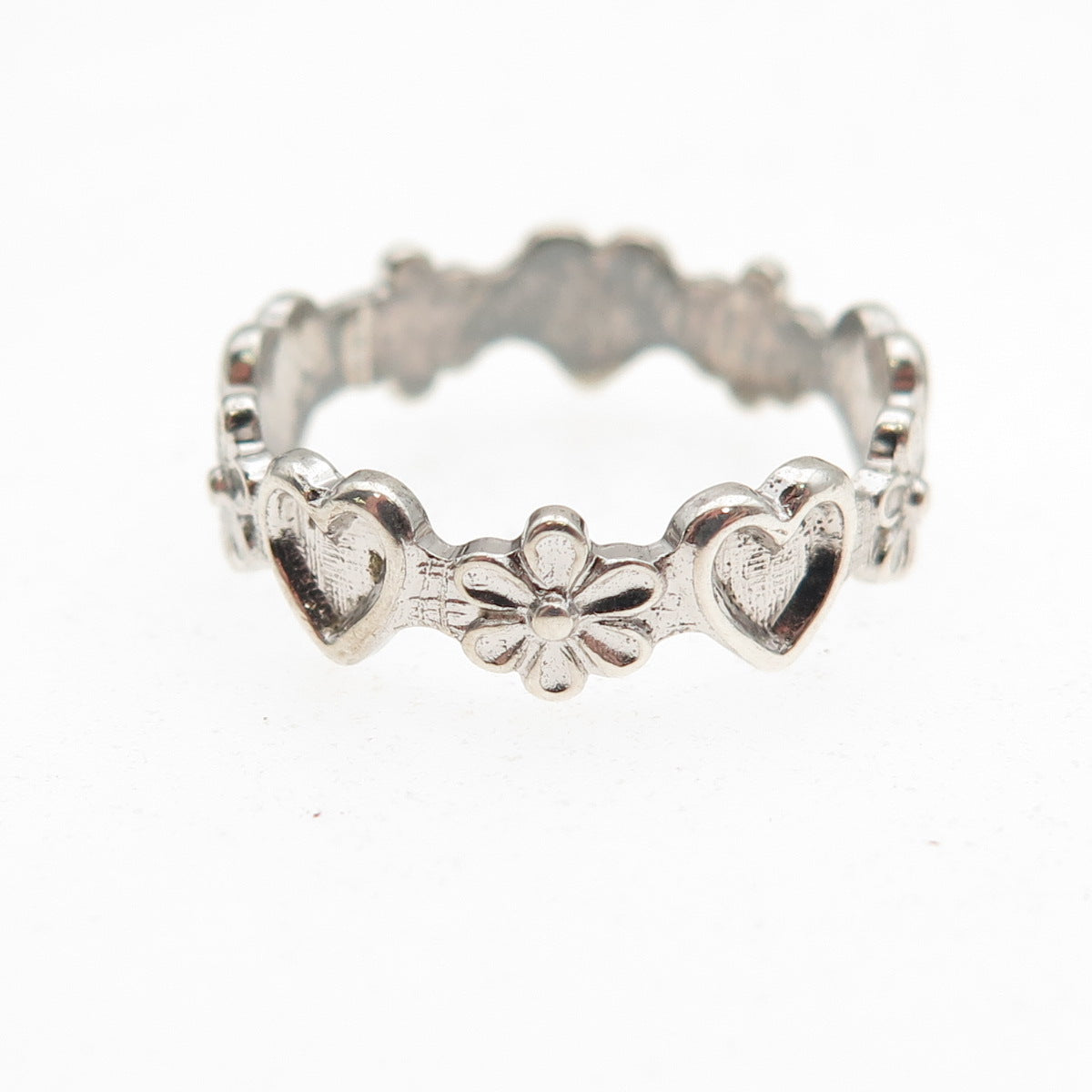 Beau 925 Sterling Silver Vintage Heart & Daisy Band Ring Size 6.25