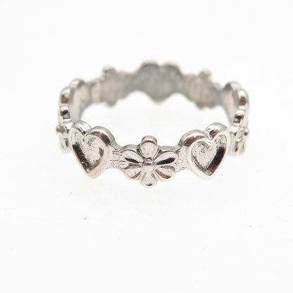 Beau 925 Sterling Silver Vintage Heart & Daisy Band Ring Size 6.25