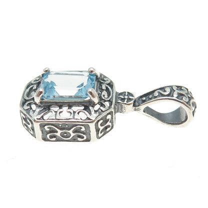 925 Sterling Silver Vintage Real Emerald-Cut Blue Topaz Oxidized Pendant