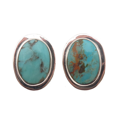 925 Sterling Silver Vintage Real Turquoise Modernist Clip On Earrings