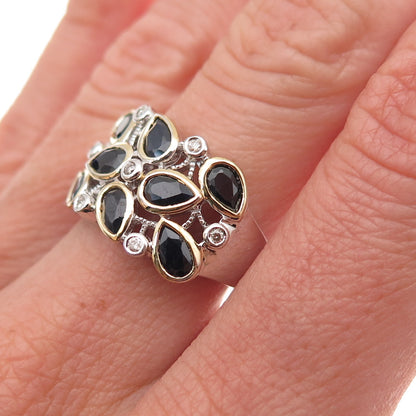 925 Sterling Silver 2-Tone Real Diamond & Sapphire Cluster Ring Size 5.75
