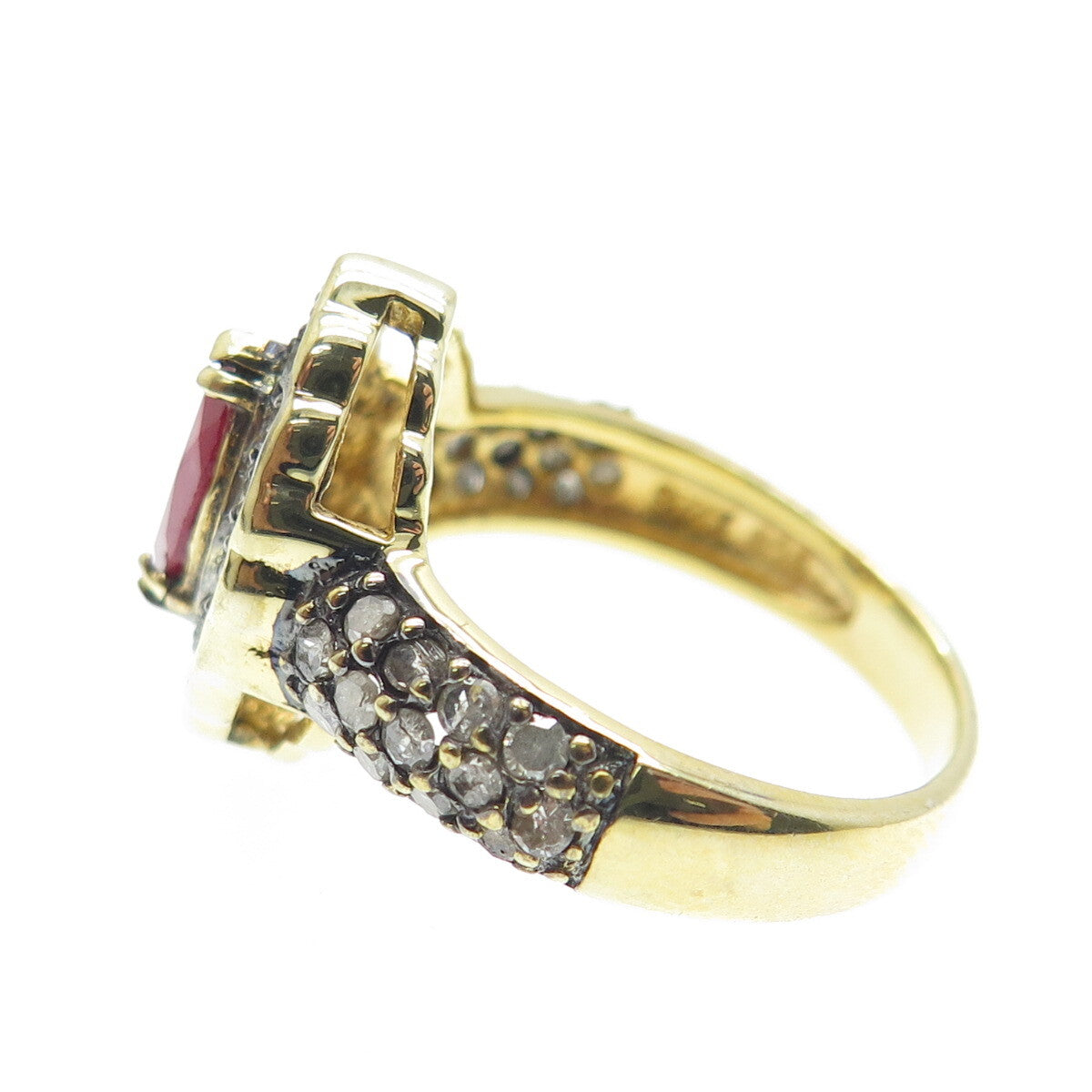 925 Sterling Silver Gold Plated Real Round-Cut Diamond & Ruby Ring Size 6.25