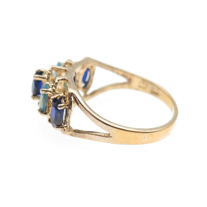925 Sterling Gold Plated Vintage Lab-Created Sapphire & Blue C Z Ring Size 8