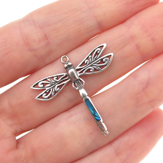 925 Sterling Silver Vintage Real Abalone Shell Dragonfly Oxidized Charm Pendant