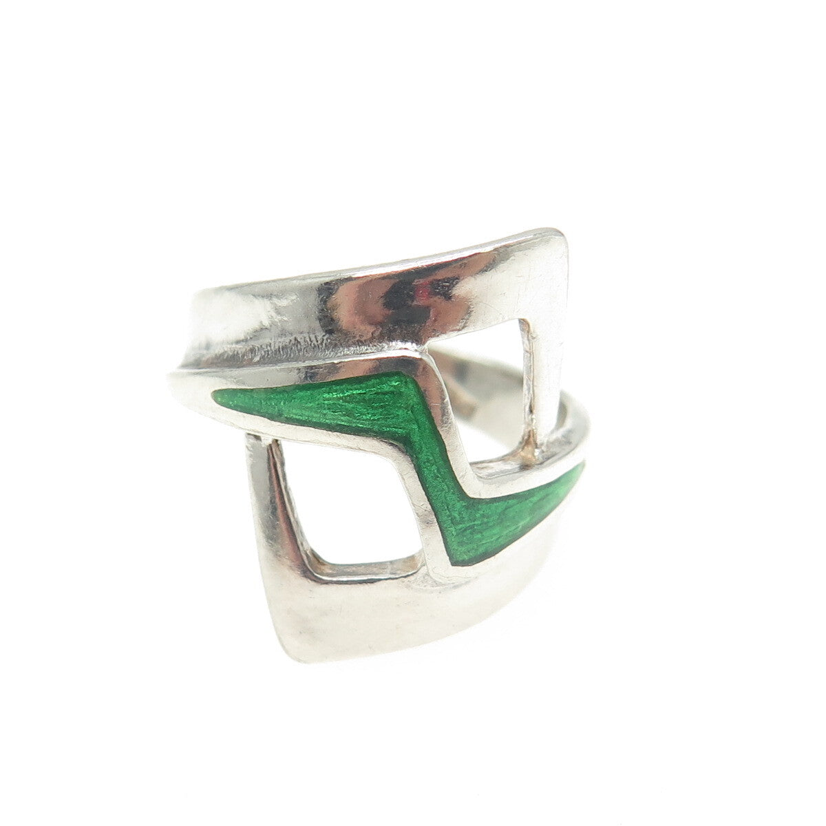 925 Sterling Silver Vintage Italy Green Enamel Adjustable Ring Size 6