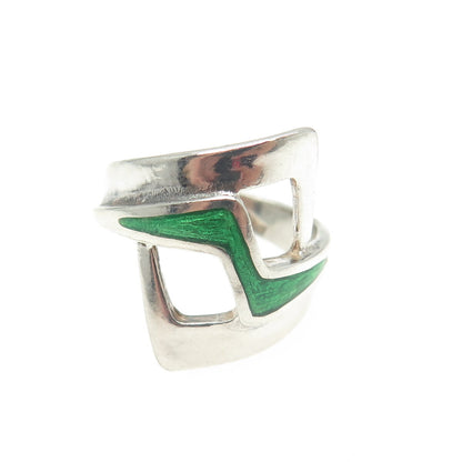 925 Sterling Silver Vintage Italy Green Enamel Adjustable Ring Size 6