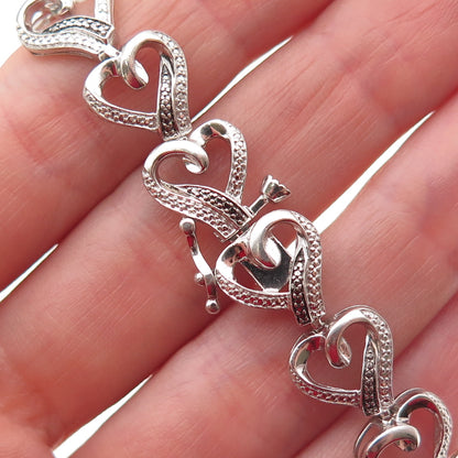 925 Sterling Silver Real Black & White Diamond Heart Link Bracelet 7.25"