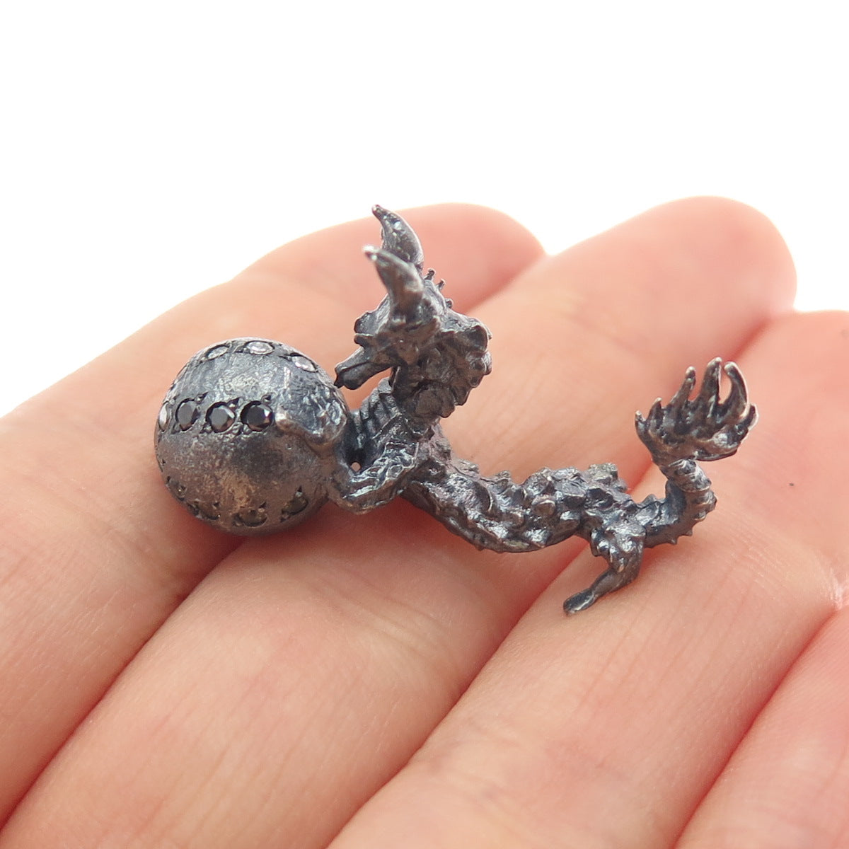 925 Sterling Black Rhodium Diamond Sapphire Chrome Diopside Dragon Miniature