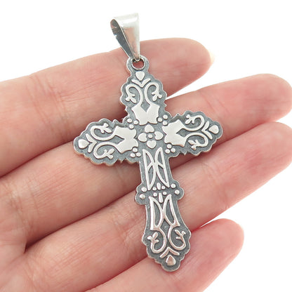 925 Sterling Silver Vintage CII Mexico Floral Cross Oxidized Pendant