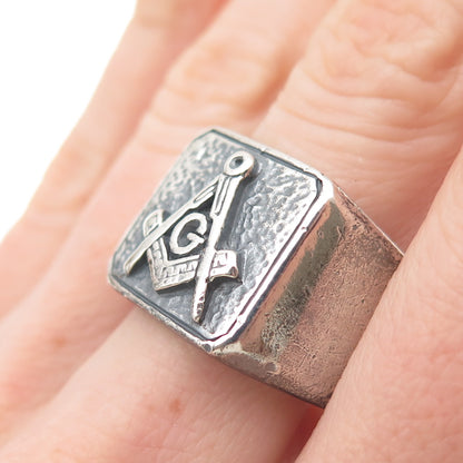 925 Sterling Silver Vintage Masonic Oxidized Signet Ring Size 10.75