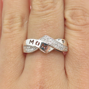 HN HENG NGAI 925 Sterling Silver Real Round-Cut Diamond "MOM" Ring Size 7