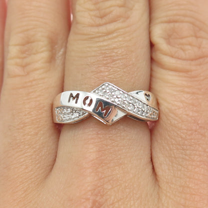 HN HENG NGAI 925 Sterling Silver Real Round-Cut Diamond "MOM" Ring Size 7