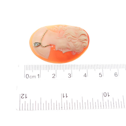 14K Gold Antique Real Round-Cut Diamond & MOP Victorian Lady Cameo