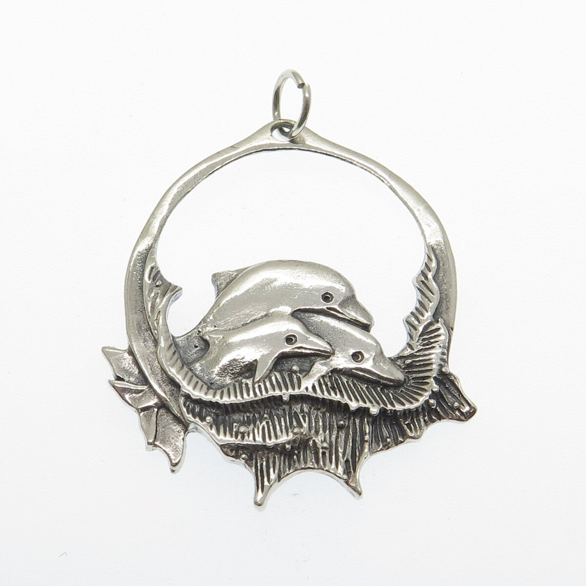 925 Sterling Silver Vintage Dolphin Family Oxidized Pendant