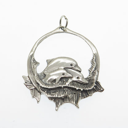 925 Sterling Silver Vintage Dolphin Family Oxidized Pendant