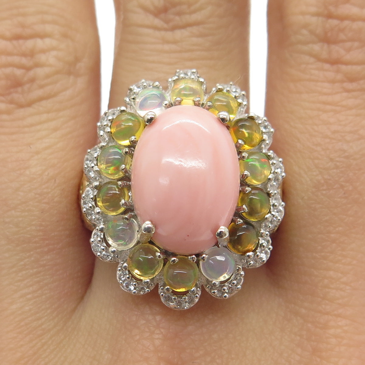 CHUCK CLEMENCY 925 Sterling Silver 2-Tone Coral Opal White Topaz Ring Size 7.25