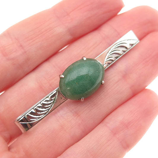 925 Sterling Silver Antique Art Deco Real Aventurine Engraved Tie Clip
