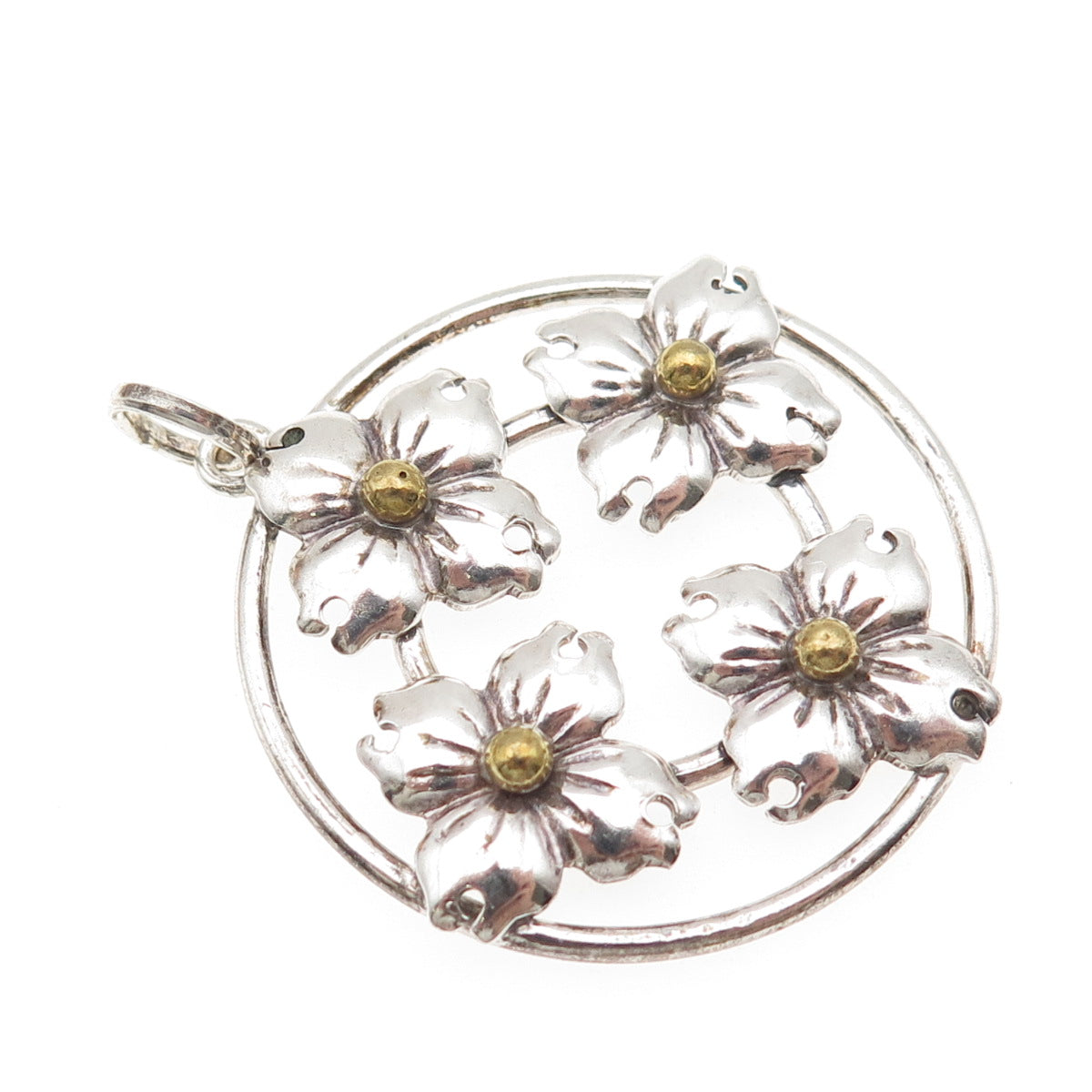 925 Sterling Silver 2-Tone Vintage Flower Circle of Life Charm Pendant