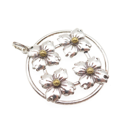 925 Sterling Silver 2-Tone Vintage Flower Circle of Life Charm Pendant