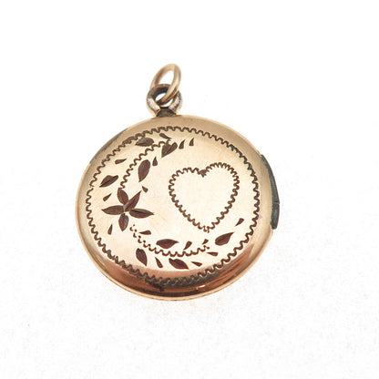 Gold Filled Antique Art Deco Engraved Floral Heart Round Locket Charm Pendant