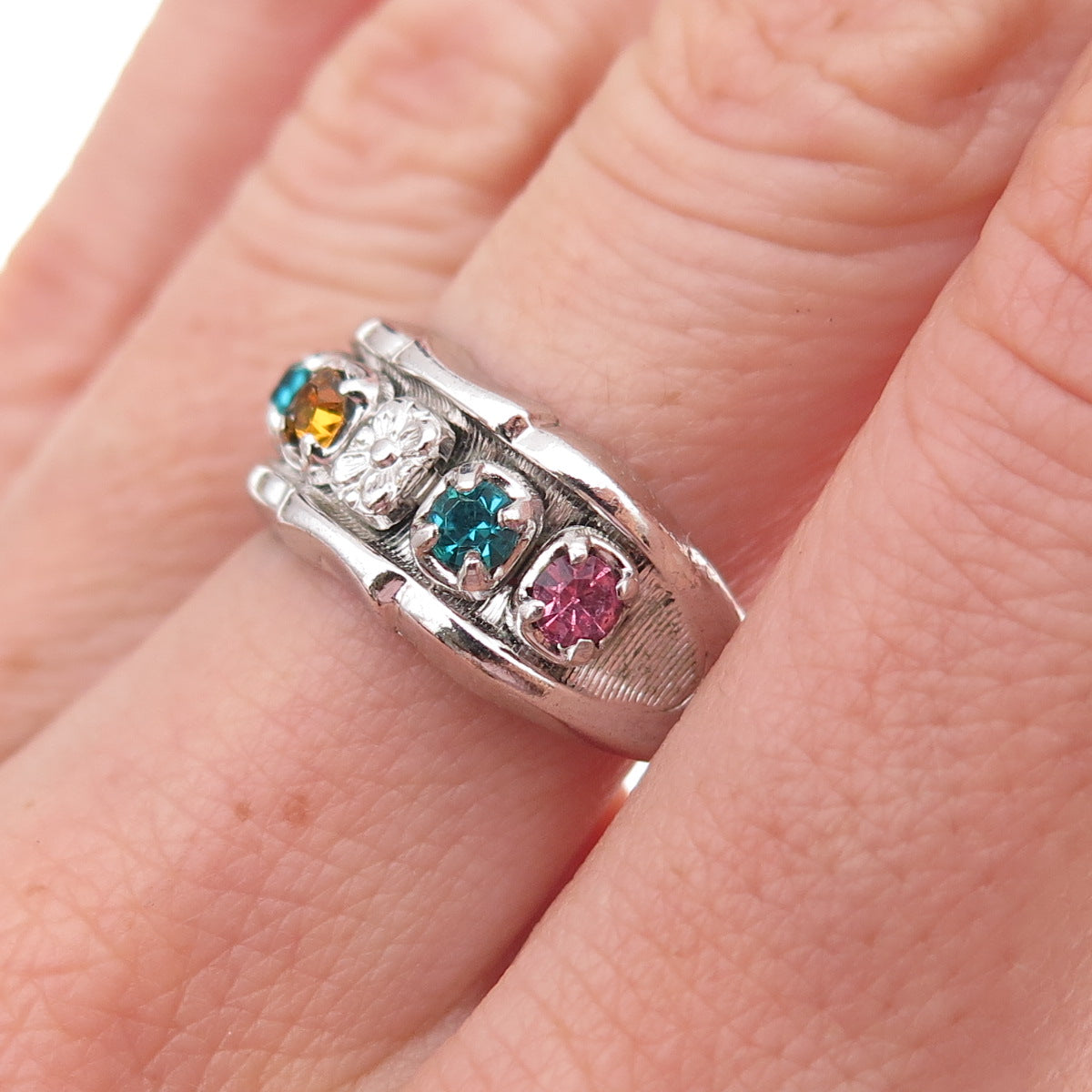 Vargas Sterling Silver Antique Art Deco Multi-Color Rhinestone Ring Size 7.75