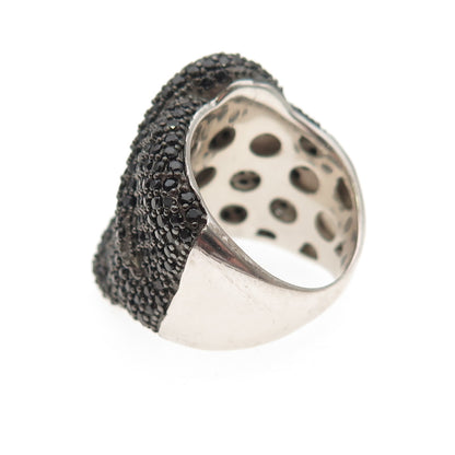 925 Sterling Silver Real Round-Cut Black Spinel Wavy Ring Size 5.25