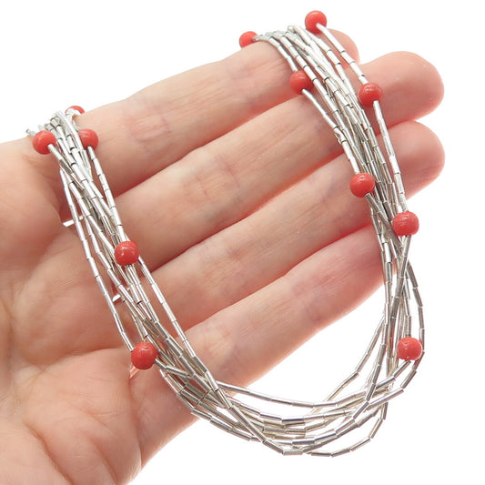 Old Pawn Sterling Silver Vintage Coral Multi-Strand Liquid Chain Necklace 26"