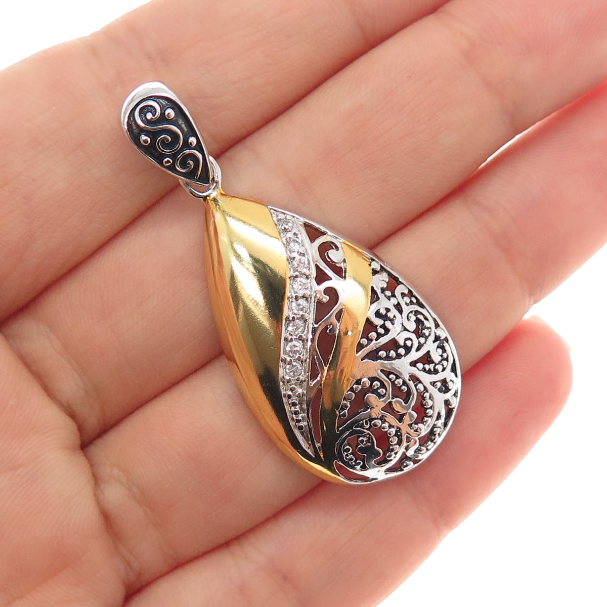 925 Sterling Silver 2-Tone Round-Cut C Z Granulated Teardrop Charm Pendant