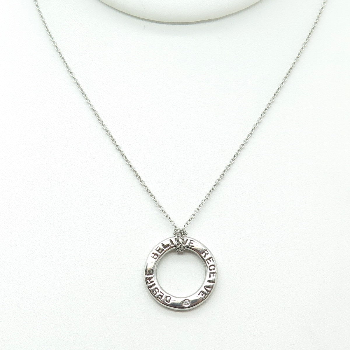 925 Sterling Silver Real Round-Cut Diamond "Desire Believe Receive" Necklace 18"