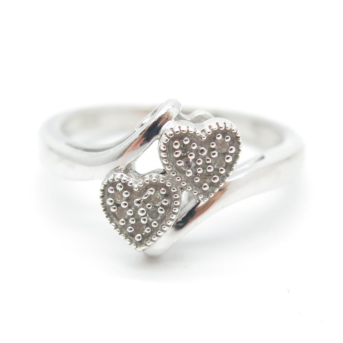 925 Sterling Silver Real Round-Cut Diamond Double Heart Bypass Ring Size 7