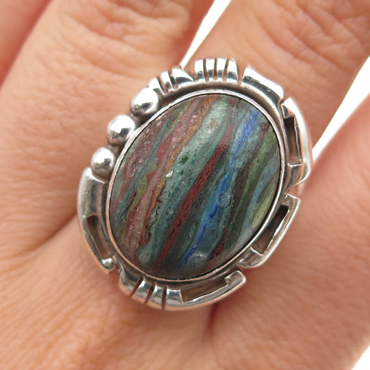 E. Jackson Old Pawn 925 Sterling Silver Vintage Rainbow Calsilica Ring Size 9.75