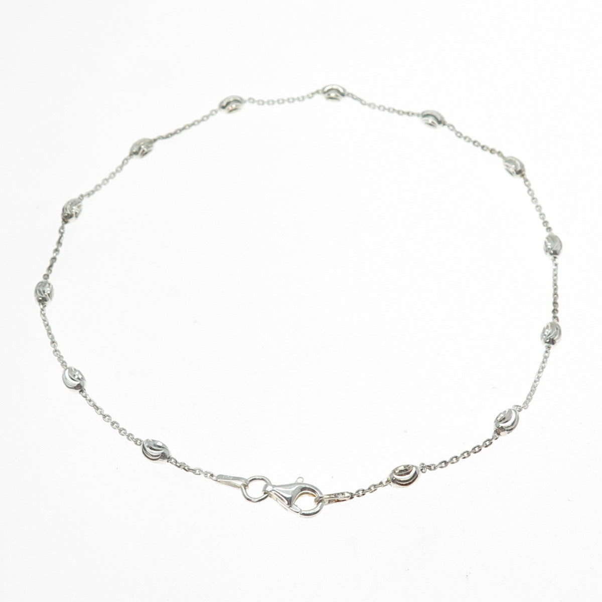 925 Sterling Silver Italy Diamond-Cut Bead Station Cable Anklet / Bracelet 10.5"