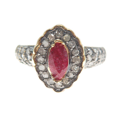 925 Sterling Silver Gold Plated Real Round-Cut Diamond & Ruby Ring Size 9.25