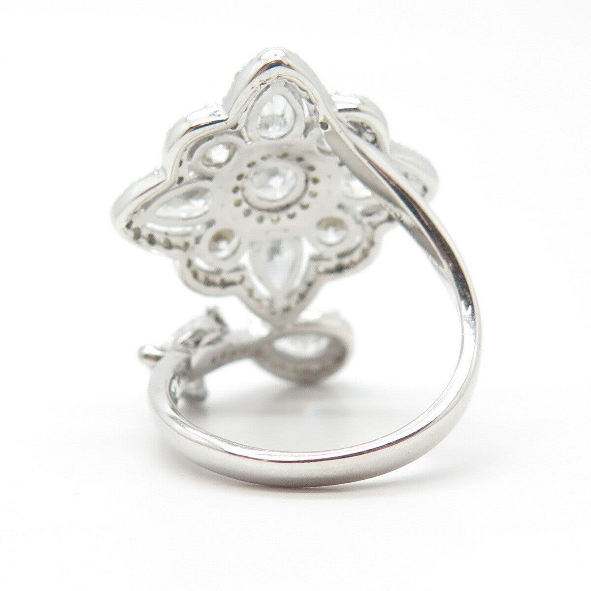 925 Sterling Silver Pave C Z Floral Overlap Ring Size 7.5